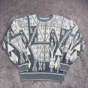 Koman Size M Gray Cream Geometric Tribal Knit Sweater Vintage 90s Grandpa